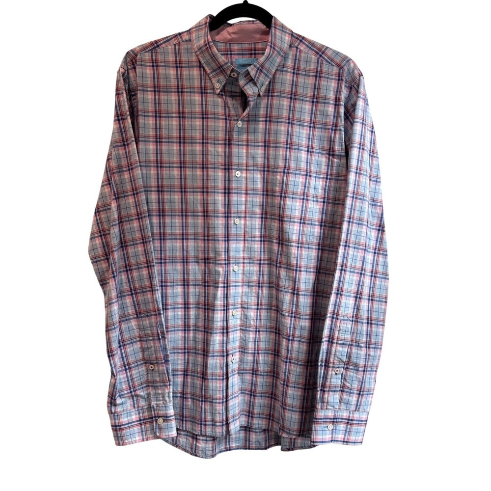 J.McLaughlin Mens Plaid Modern Fit Cotton Button Down Long Sleeve Shirt, Large